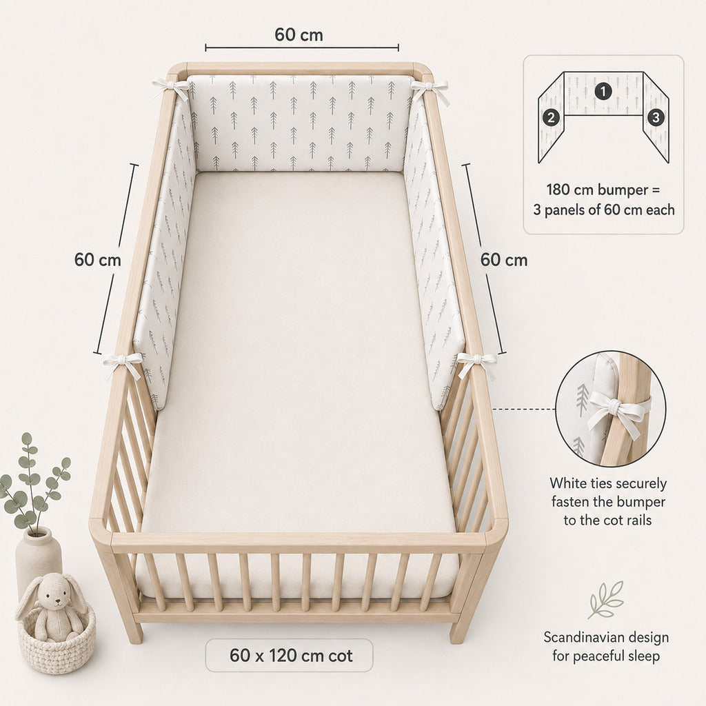 Diagram showing how a 180 cm cot bumper fits a standard 60 x 120 cm cot, covering the top of the cot and 60 cm down each side.