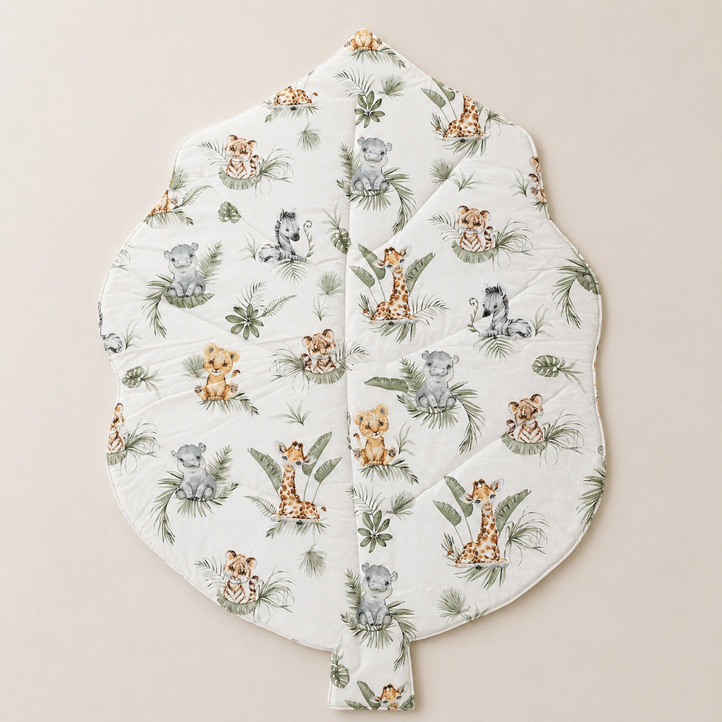 Reversible jungle animals baby play mat with soft light grey silver velour reverse, 105 x 77 cm