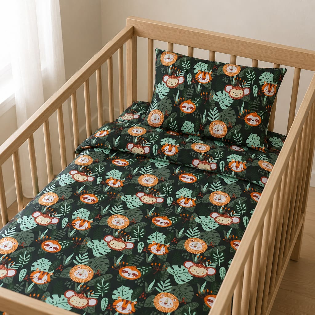 Jungle animals cot bedding set with duvet cover and pillowcase in light wooden cot
UK
