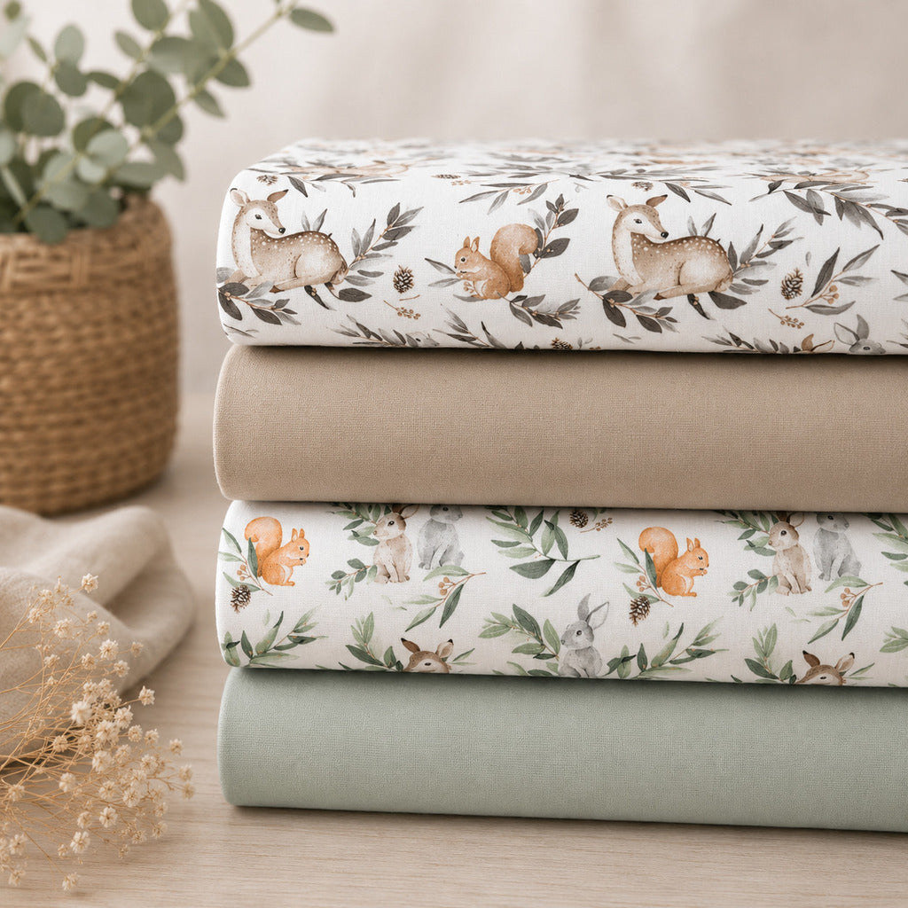 Soft kids cotton fabrics by the metre in neutral Scandinavian tones for sewing and handmade projects