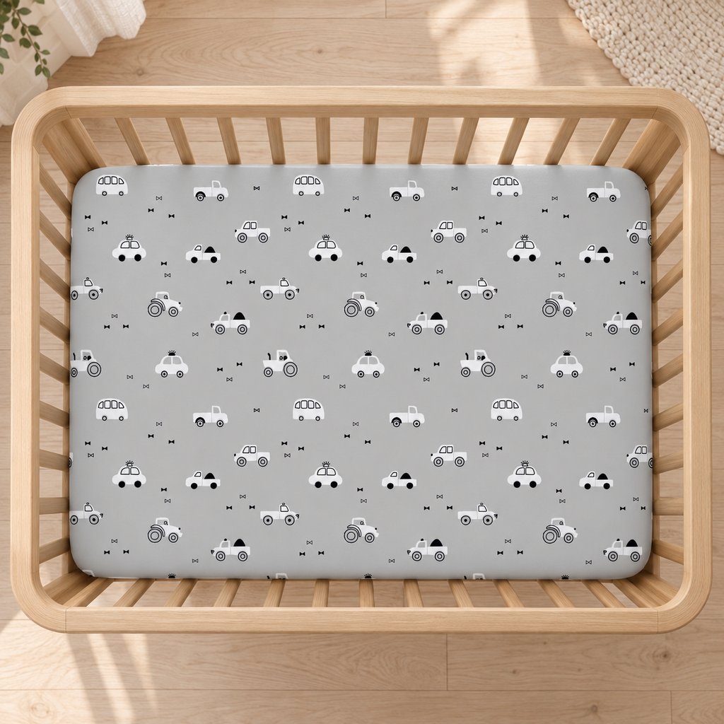 Light grey cars and tractors fitted sheet on a Nestig Mini crib mattress, with the vehicle print running across the mattress.