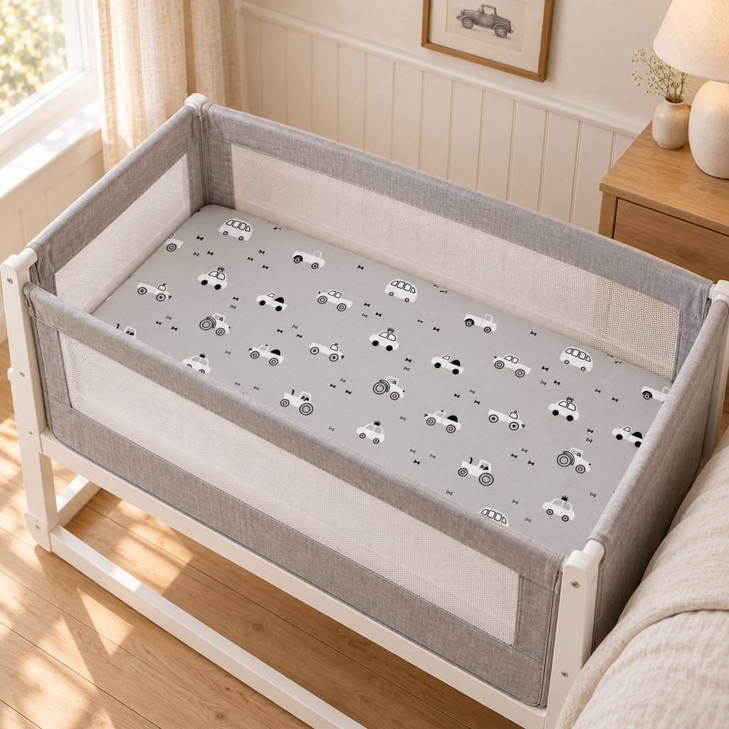 Light grey cotton baby fitted sheet with white and black cars, tractors and buses, shown in a white and grey SnuzPod-style bedside crib.