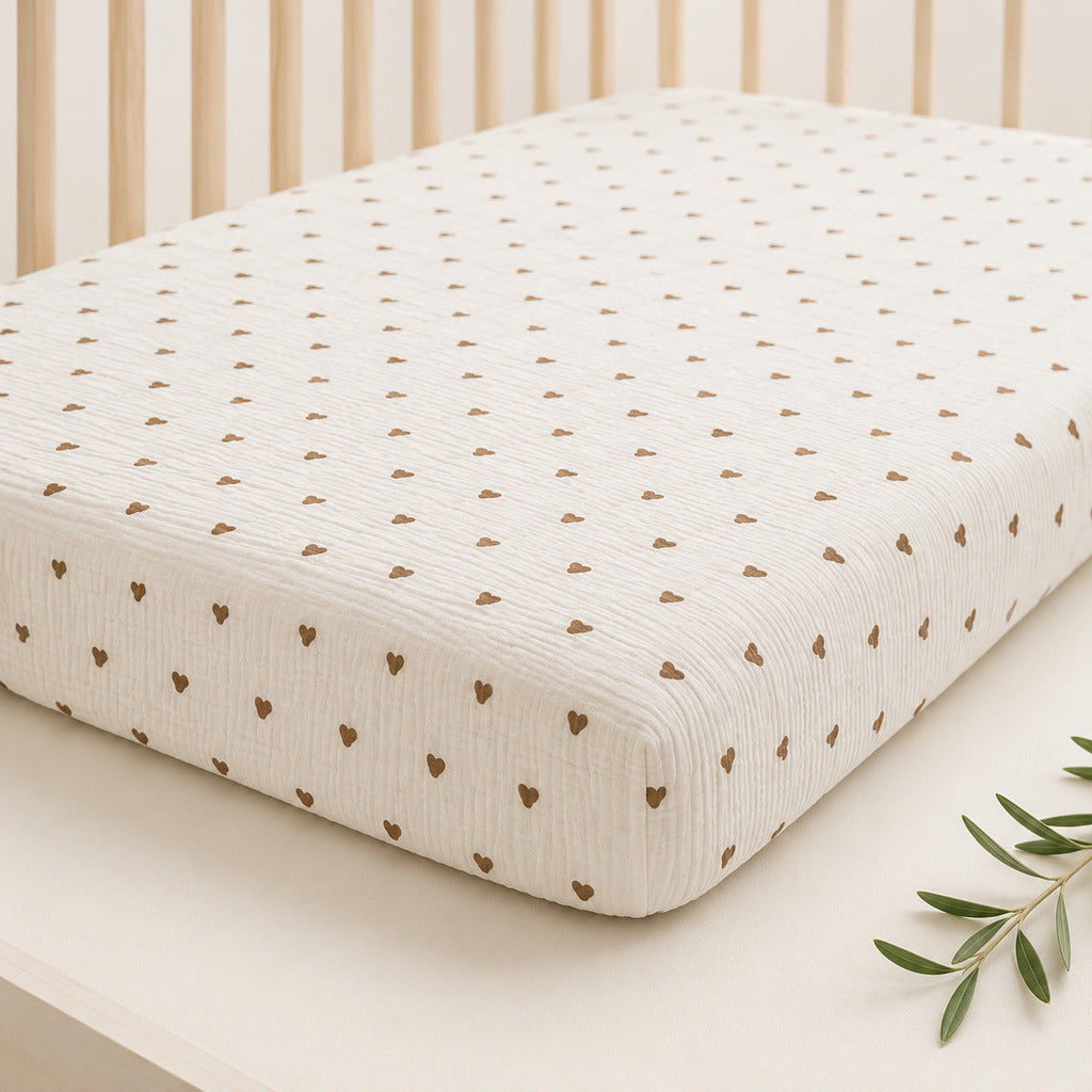 ittle brown hearts muslin baby fitted sheet handmade in the UK from OEKO-TEX certified cotton, suitable for cot, cot bed and crib mattresses.
