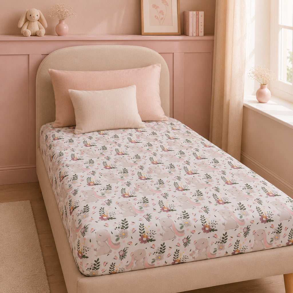 Little Bunny and Meadow pink single bed fitted sheet for girls, handmade in the UK from 100% OEKO-TEX cotton.