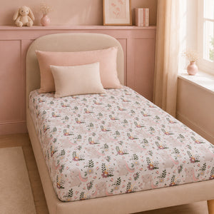 Little Bunny and Meadow pink single bed fitted sheet for girls, handmade in the UK from 100% OEKO-TEX cotton.