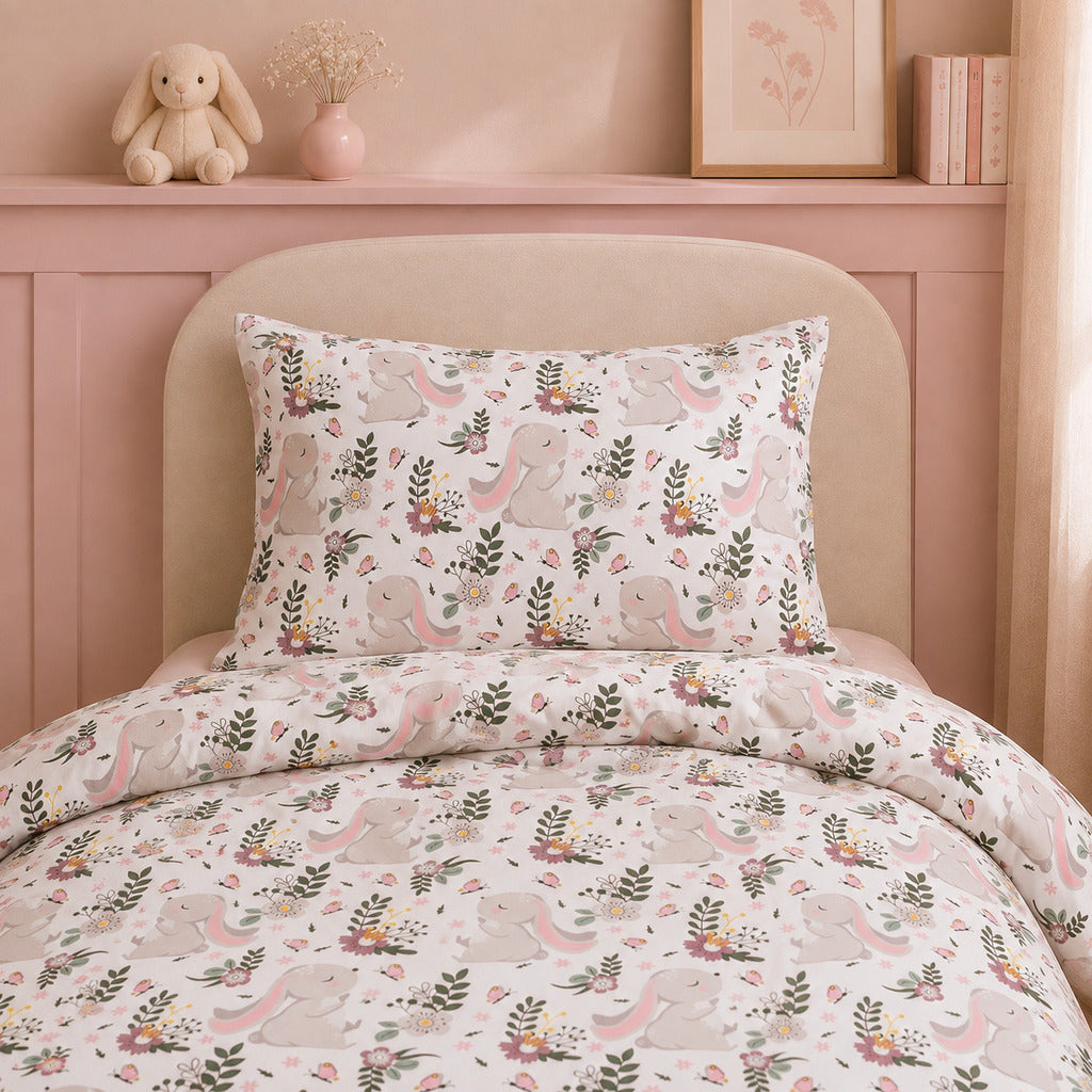 Little Bunny and meadow single bedding set in blush pink and sage green, handmade in the UK from 100% OEKO-TEX cotton.
