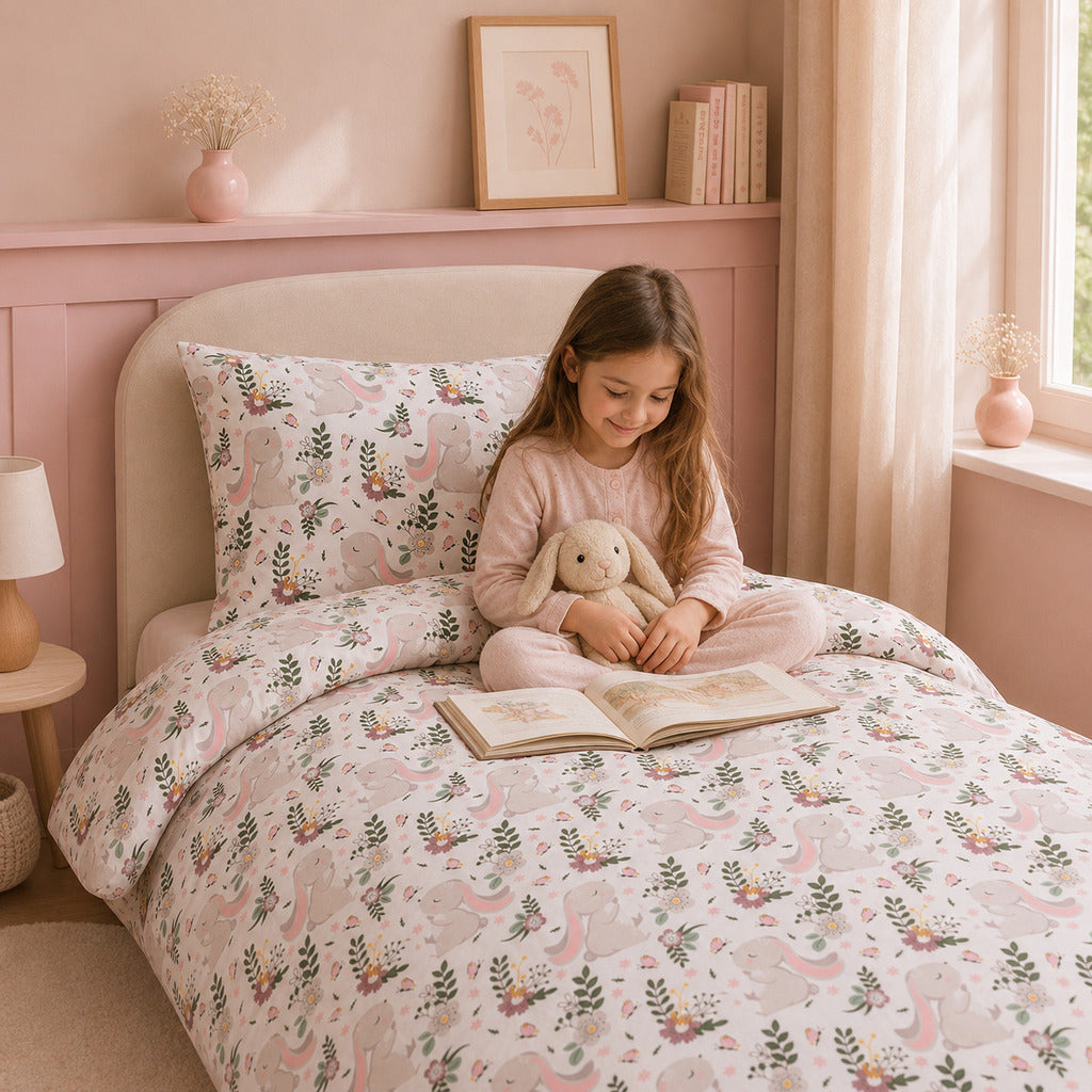 Little Bunny and Meadow single bedding set in a pink girls bedroom, UK single duvet cover and pillowcase handmade from OEKO-TEX cotton.