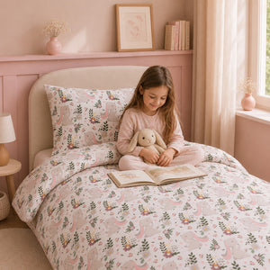 Little Bunny and Meadow single bedding set in a pink girls bedroom, UK single duvet cover and pillowcase handmade from OEKO-TEX cotton.