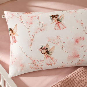 Close-up of Little Fairy 100% cotton baby bedding showing pink watercolour fairies, blossom branches and pillowcase detail