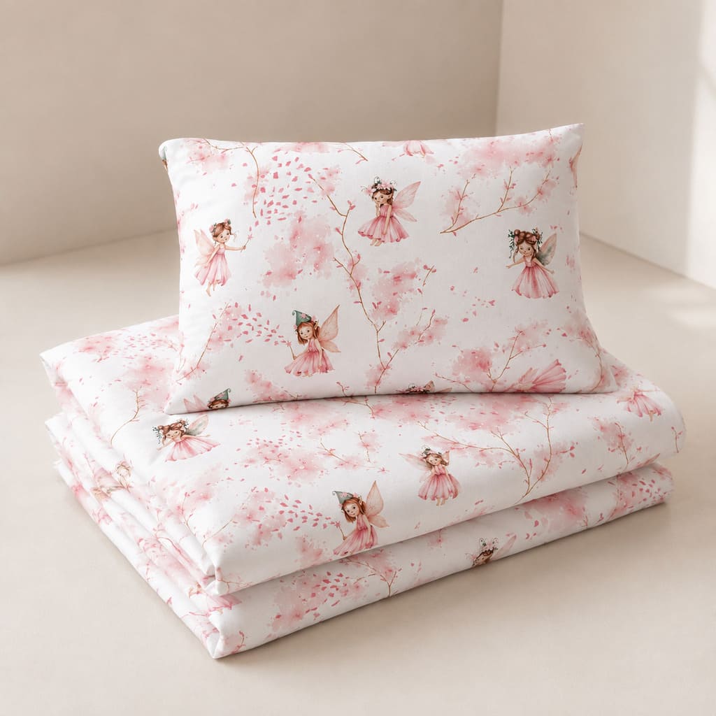 Folded Little Fairy cot bedding set with matching duvet cover and pillowcase, handmade baby bedding UK