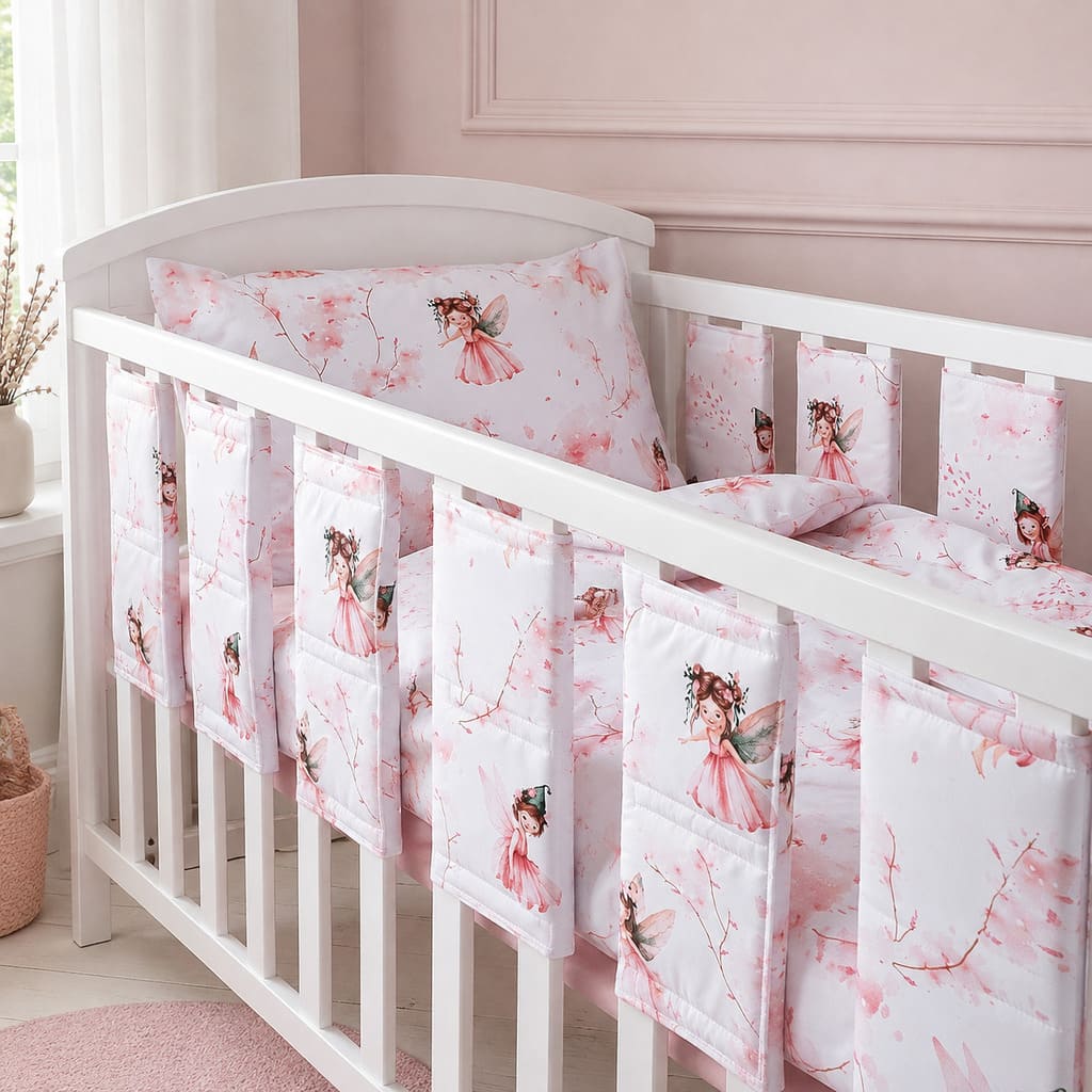 Little Fairy cot bedding set with six individual cot wraps in a soft pink Scandinavian baby girl nursery, Fabricco UK