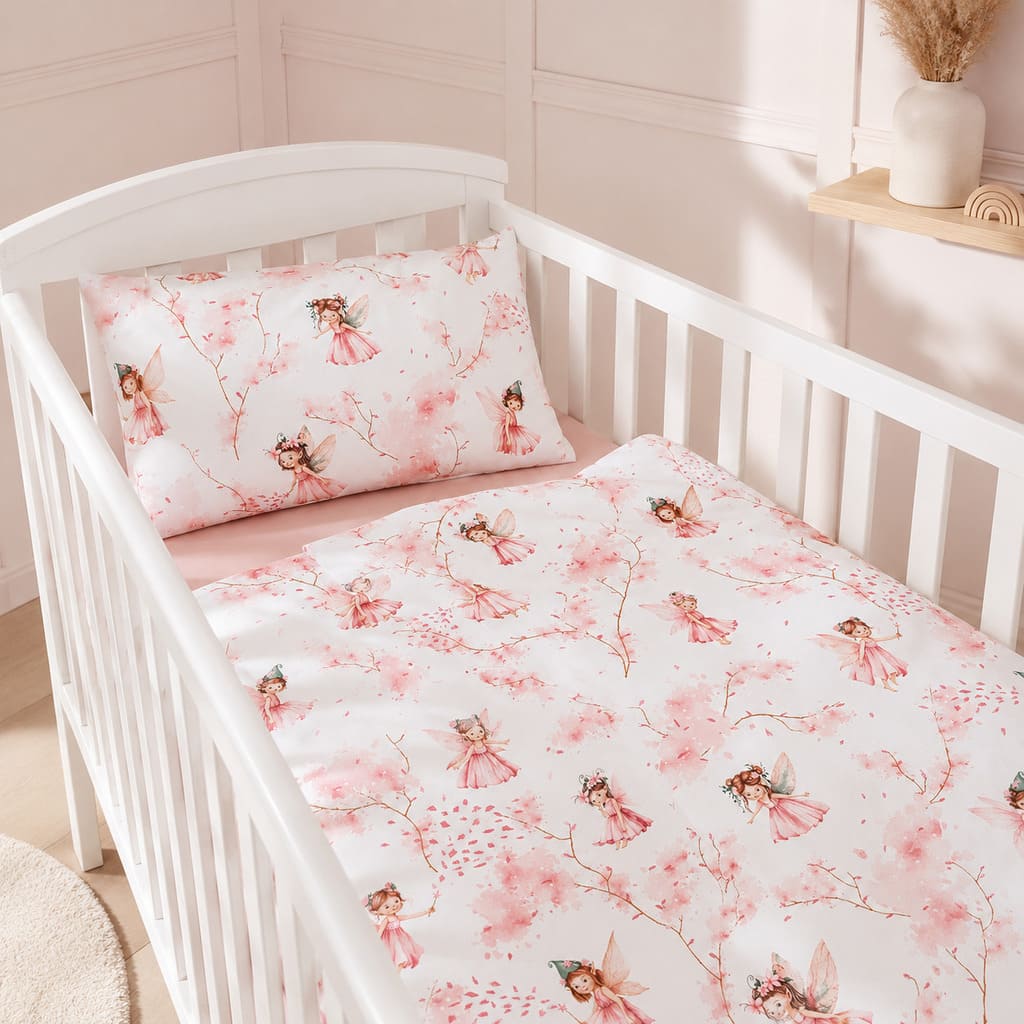 Little Fairy cot and cot bed bedding set in soft pink. Includes duvet cover and pillowcase, handmade in the UK from 100% OEKO-TEX® cotton. UK