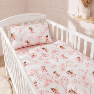Little Fairy cot and cot bed bedding set in soft pink. Includes duvet cover and pillowcase, handmade in the UK from 100% OEKO-TEX® cotton. UK