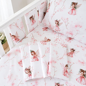 Pink fairy cot and cot bed bedding set with duvet cover, pillowcase and six individual padded cot wraps, Fabricco UK