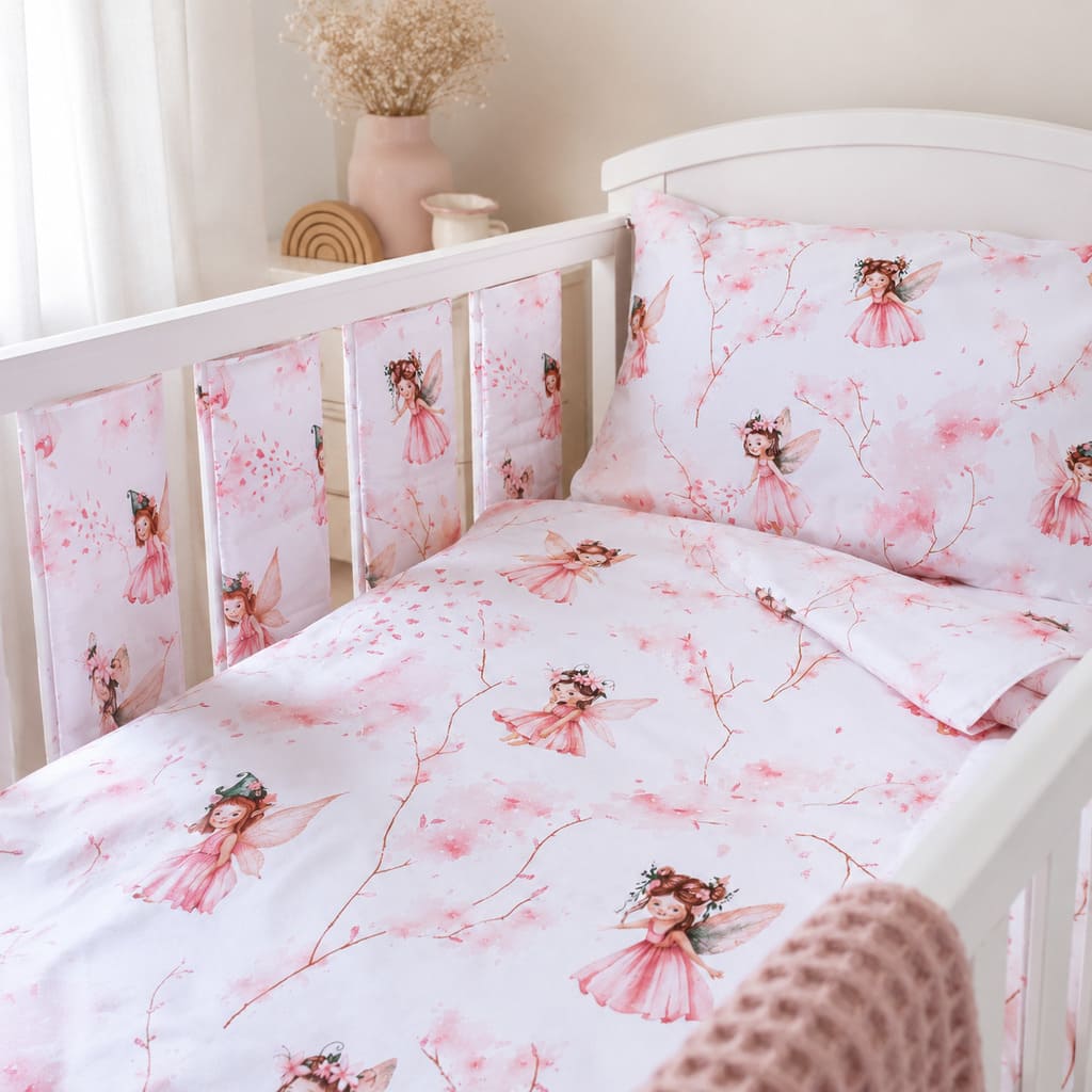 Close-up of individual padded cot wraps in pink Little Fairy print attached separately to white cot rails
