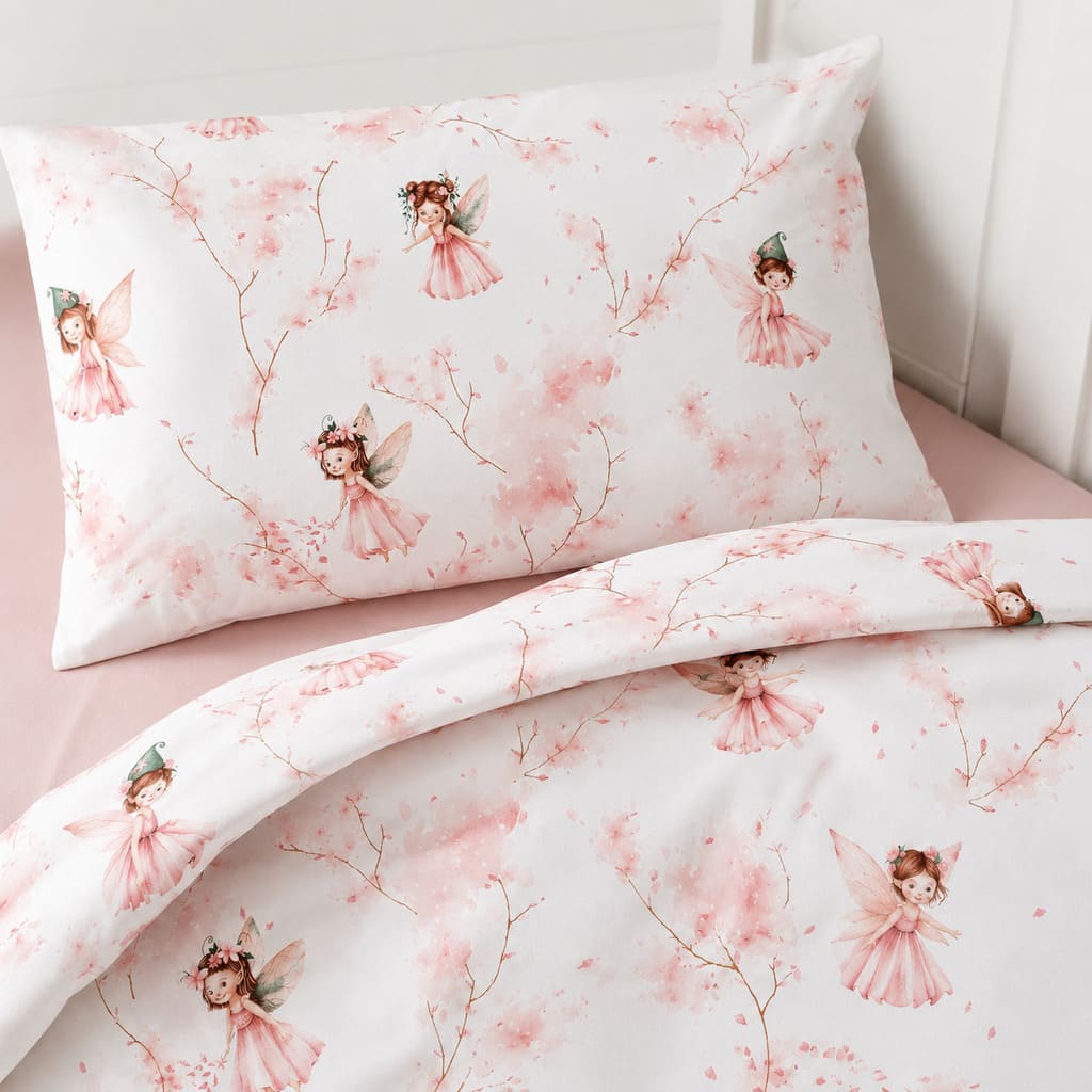 Close-up of Little Fairy baby bedding showing pink watercolour fairies, blossom branches and soft cotton fabric
