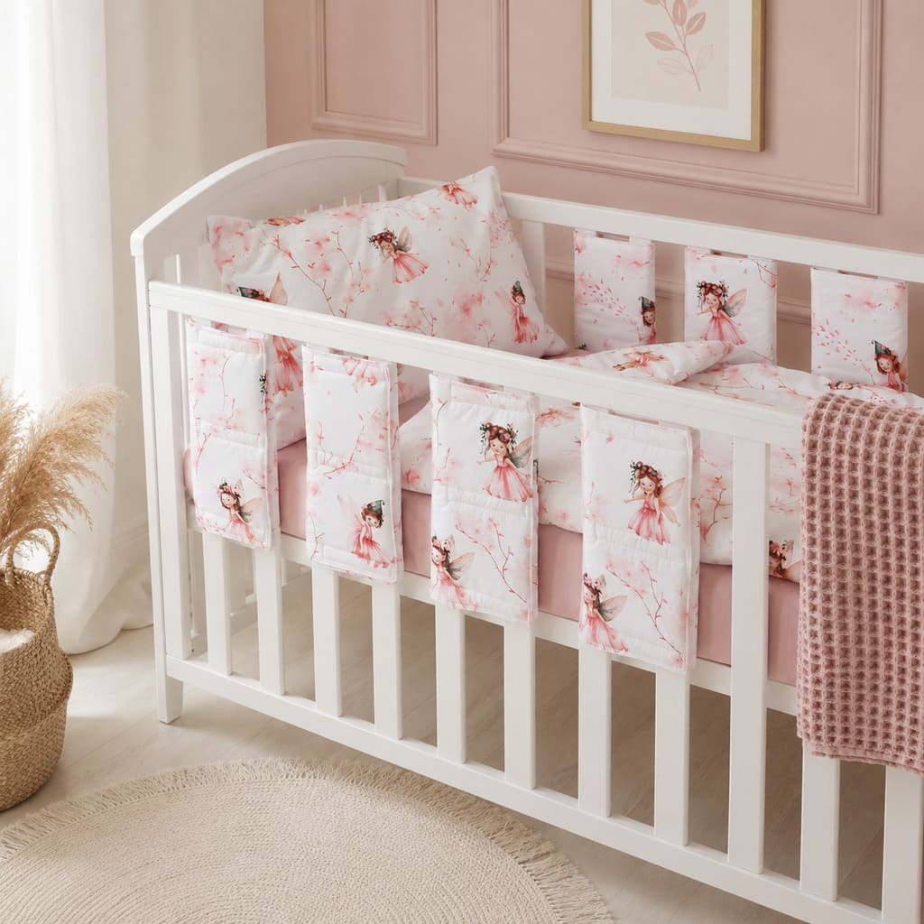 Little Fairy cot bedding set with individual padded cot rail wraps in pink fairy print, handmade baby girl nursery bedding UK