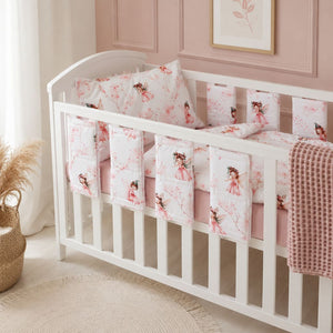 Little Fairy cot bedding set with individual padded cot rail wraps in pink fairy print, handmade baby girl nursery bedding UK