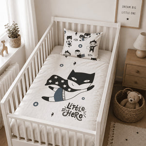 Modern Scandinavian nursery with Little Hero monochrome baby bedding set in cot 60x120cm, soft cotton baby boy bedding, Fabricco Northern Ireland