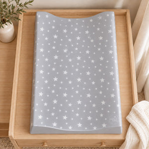 Top view of the Milky Way grey star changing mat showing its white star pattern and curved raised sides