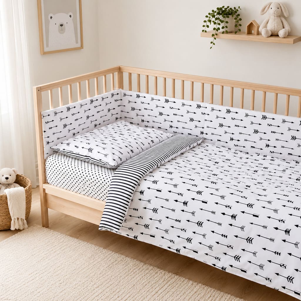 Monochrome arrows cot bedding set with reversible striped design and 180 cm decorative bumper on a standard UK 60 x 120 cm cot.Fabricco UK