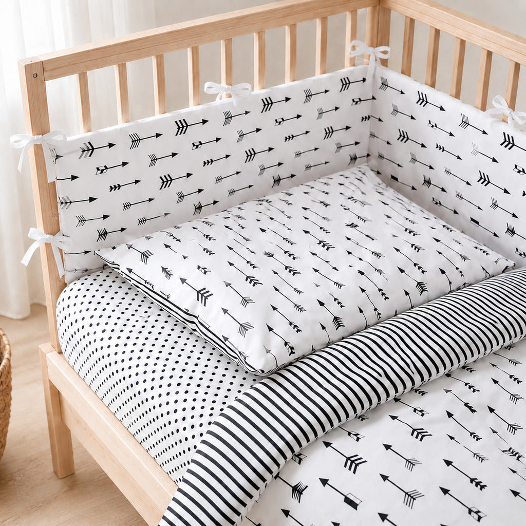 Monochrome arrows cot bedding set with decorative bumper on 60 x 120 cm wooden cot