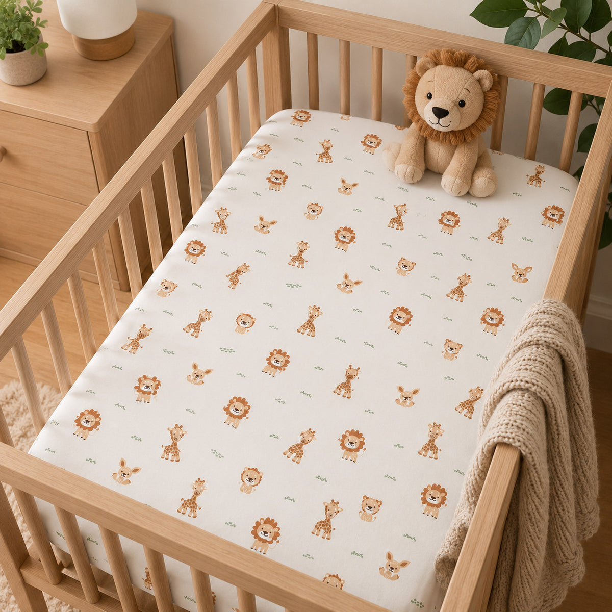 Shop our Natural Beige Safari Animals Baby Fitted Sheet, handmade in the UK from soft 100% Oeko-Tex cotton. Perfect for cot beds, cots, cribs and neutral nurseries.

