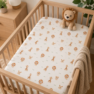 Shop our Natural Beige Safari Animals Baby Fitted Sheet, handmade in the UK from soft 100% Oeko-Tex cotton. Perfect for cot beds, cots, cribs and neutral nurseries.

