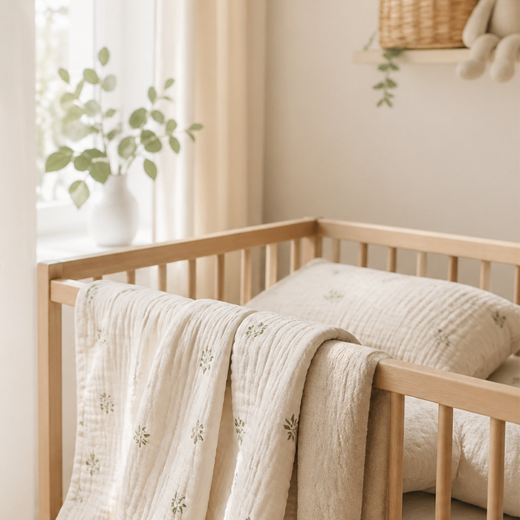 Natural cotton baby bedding handmade in the UK for Scandinavian-inspired nursery spaces, Fabricco UK baby shop