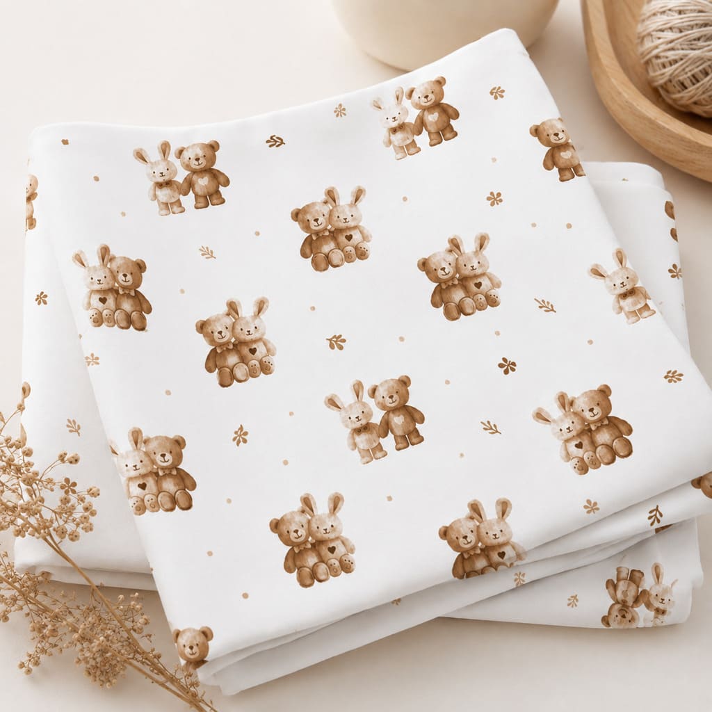 Folded neutral cotton fabric with beige teddy bears and bunnies showing the nursery print and smooth cotton finish