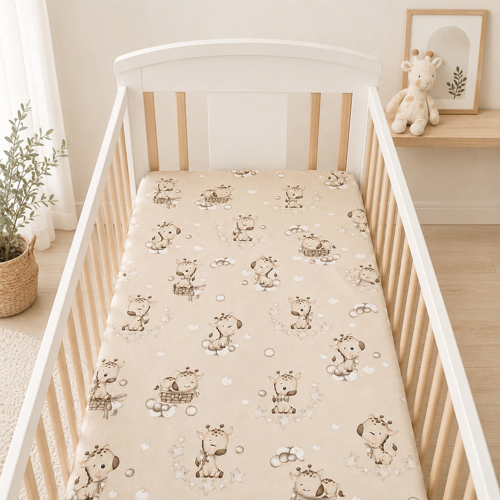 Neutral beige giraffe cot fitted sheet styled in a light Scandinavian nursery with natural wood cot