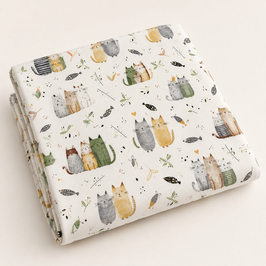 Cats cotton fabric with ruler showing pattern repeat size and scale for sewing projects UK Fabric Shop
