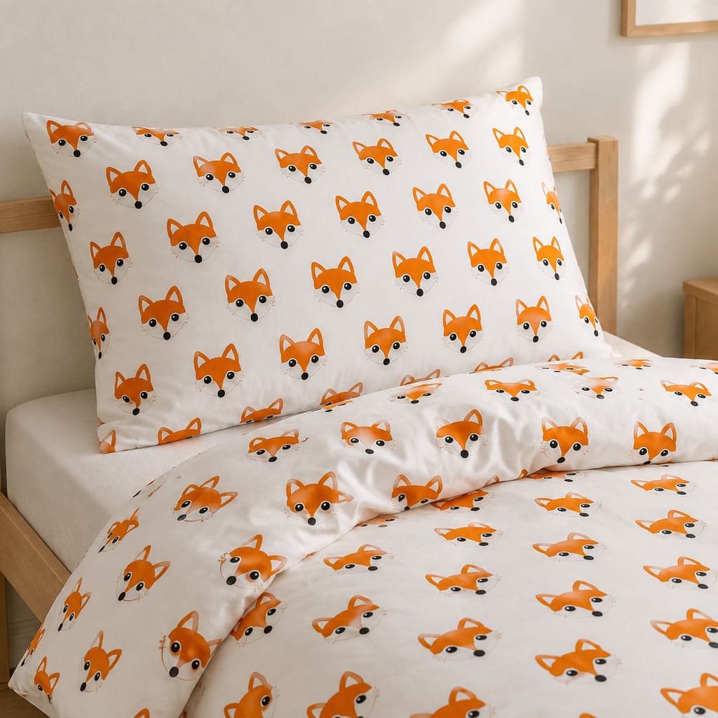 Orange fox single bed bedding set close-up showing matching cotton pillowcase and duvet cover