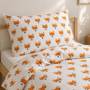 Orange fox single bed bedding set close-up showing matching cotton pillowcase and duvet cover
