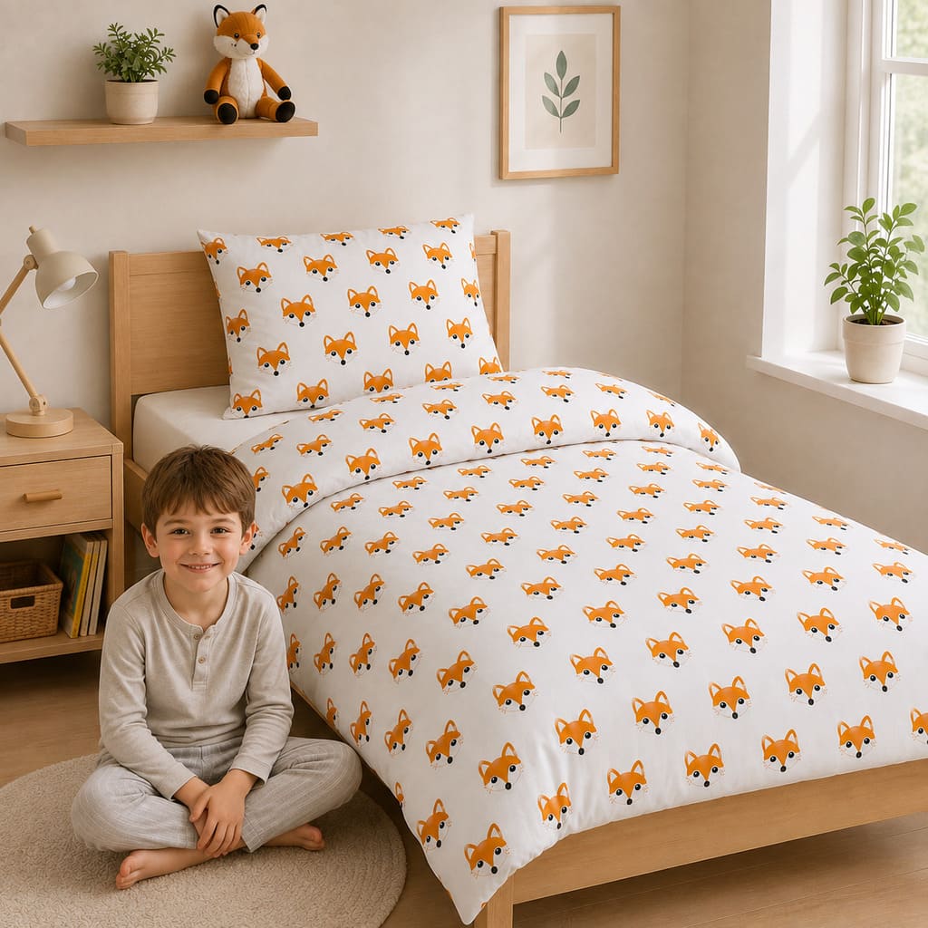 Orange fox kids single bedding set in a Scandinavian bedroom with white cotton duvet cover and pillowcase UK Fabricco