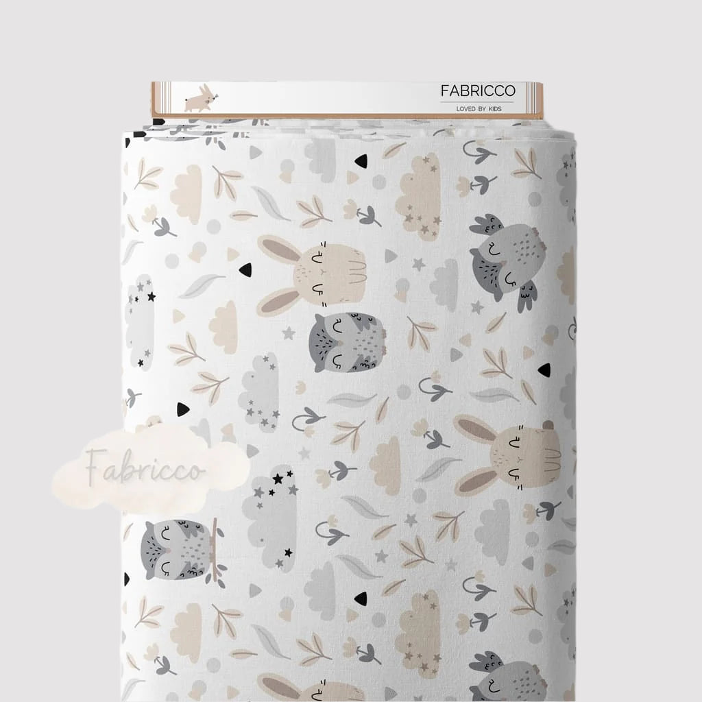 Owls and Friends beige cotton fabric by the metre from Fabricco UK with woodland animals for nursery sewing, bedding and craft projects.