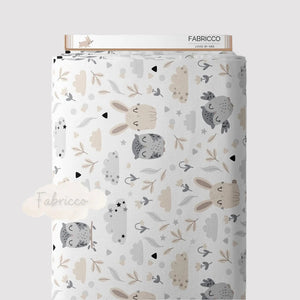 Owls and Friends beige cotton fabric by the metre from Fabricco UK with woodland animals for nursery sewing, bedding and craft projects.