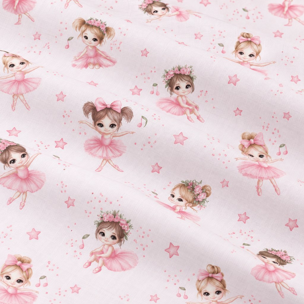 Close-up of pink ballerina cotton fabric showing ballet dancers, bows, floral details and the fine cotton weave