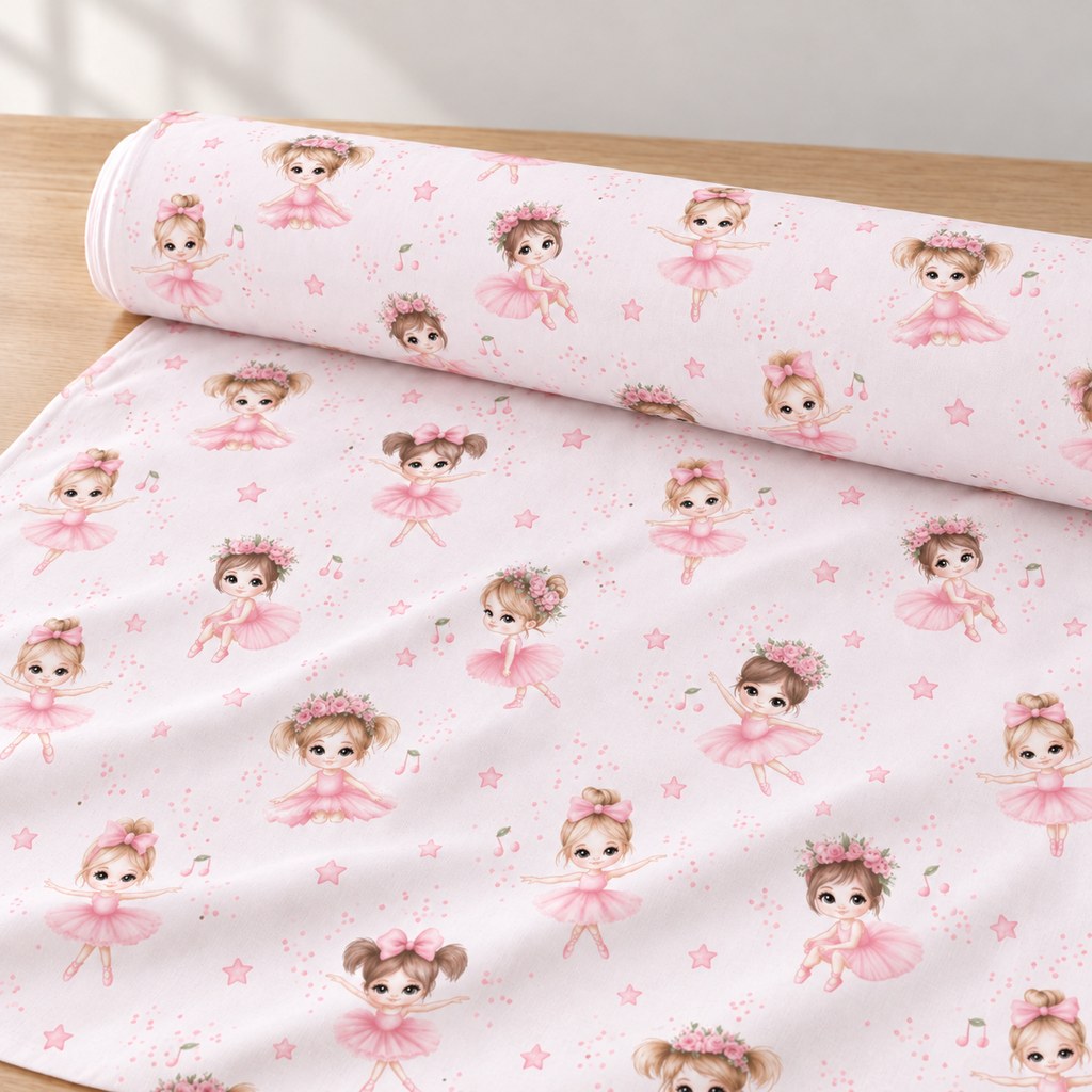 Pink ballerina cotton fabric unrolled on a light oak table, showing little ballet dancers, stars and musical notes