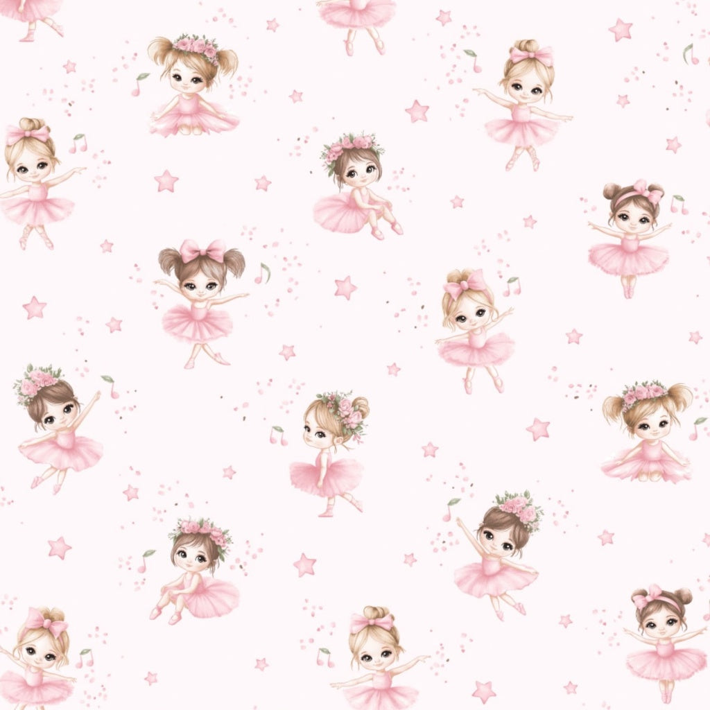 Pink ballerina cotton fabric by the metre from Fabricco UK with little ballet dancers, ideal for children’s sewing and nursery projects.