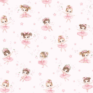 Pink ballerina cotton fabric by the metre from Fabricco UK with little ballet dancers, ideal for children’s sewing and nursery projects.