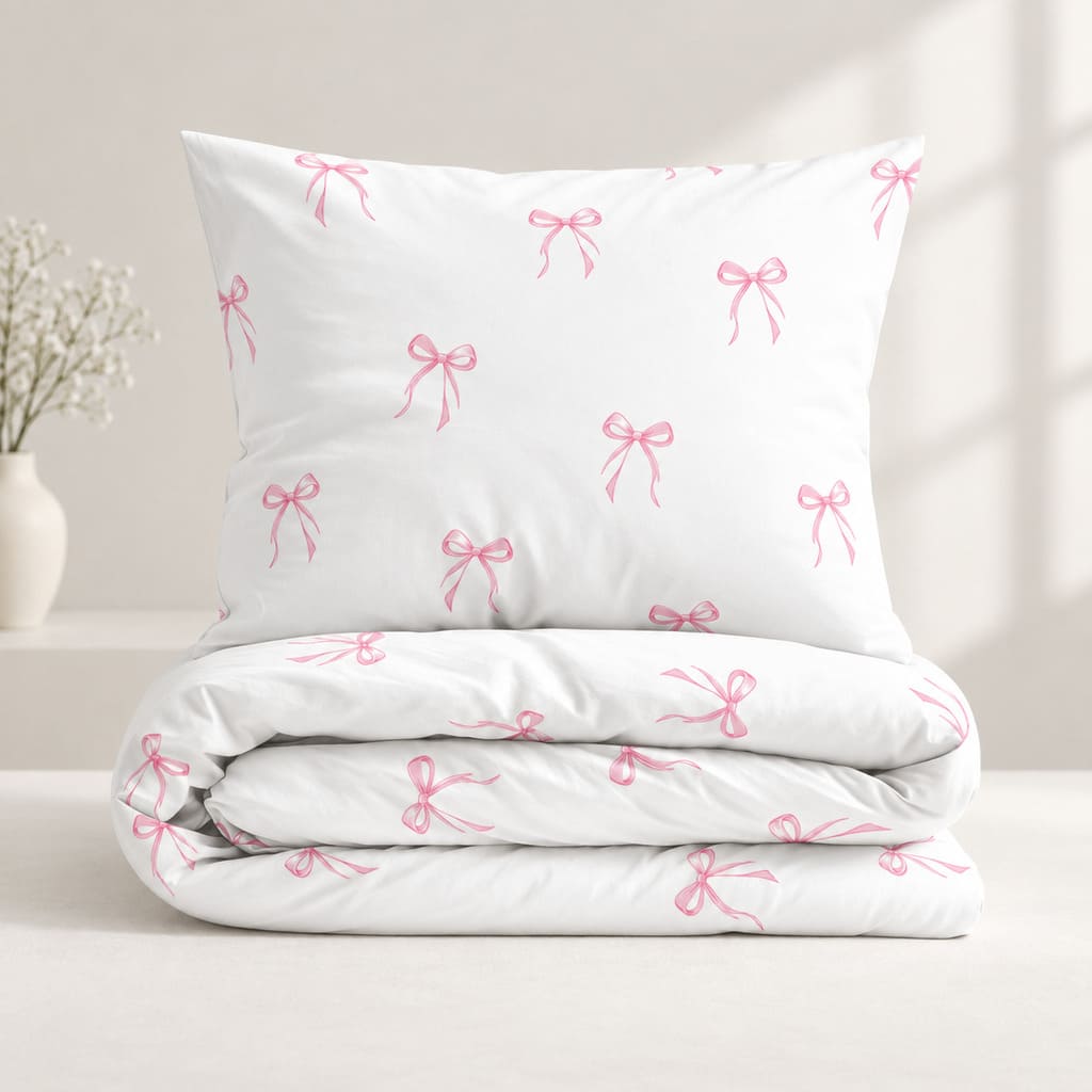 Close-up of pink bow cotton single bedding with soft ribbon print on white OEKO-TEX cotton