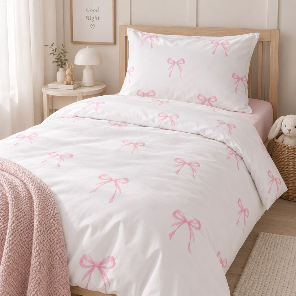 Pink bow girls single bedding set styled on a wooden single bed in a soft Scandinavian bedroom, Fabricco UK