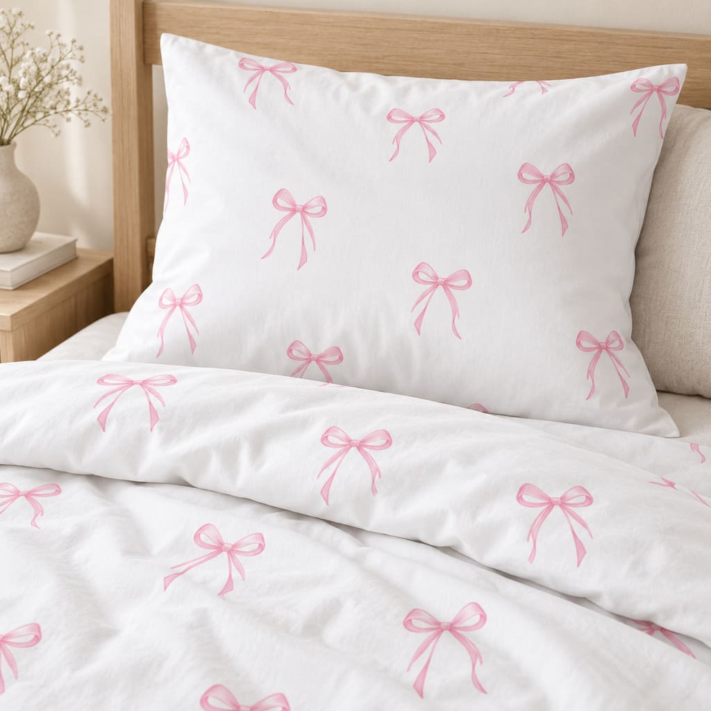 Pink bow single bed bedding set with duvet cover and pillowcase, handmade in the UK from OEKO-TEX cotton