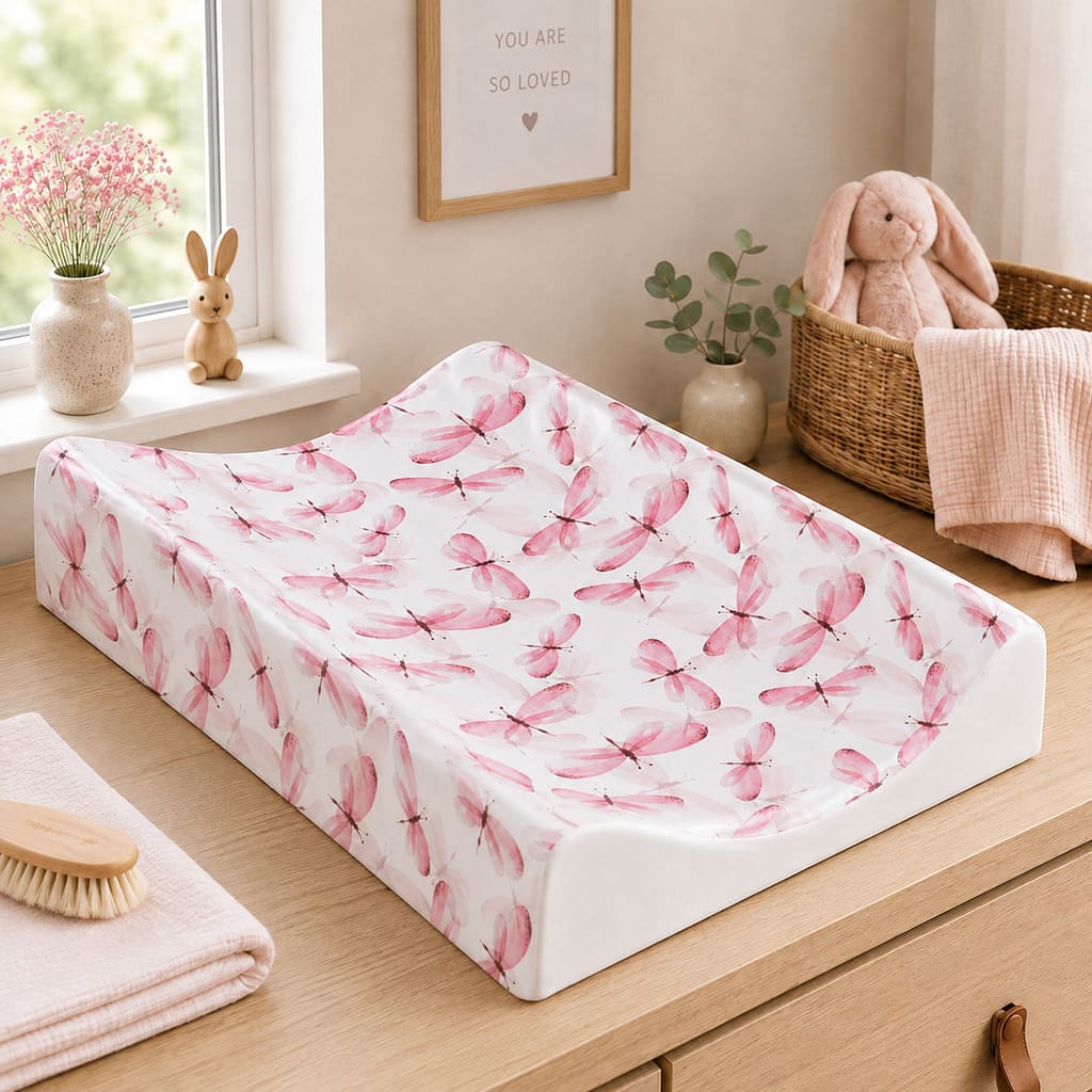 Pink Dragonfly anti-roll baby changing mat with raised wedge sides on a wooden nursery changing table