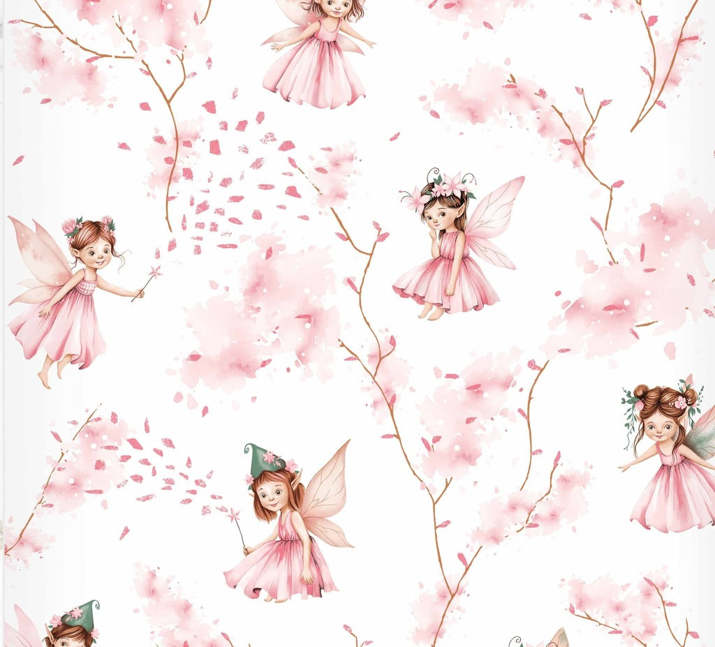  Pink Fairy Fitted Sheets, perfect for your little princess&#39;s cot or cot bed in various sizes. Crafted from pure cotton, it adds a whimsical touch to her baby pink nursery, featuring delightful fairies and blossoming flowers.