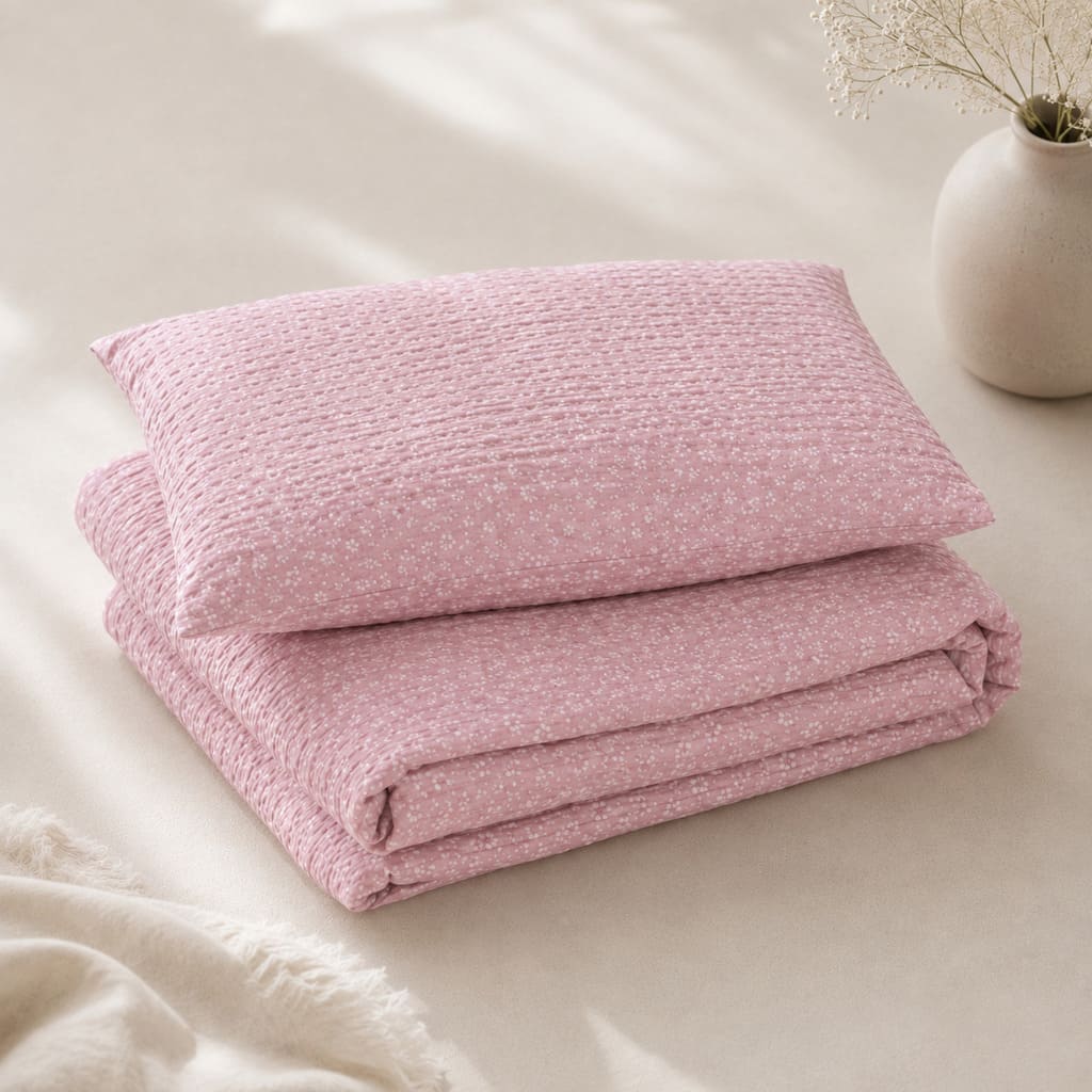 Folded pink seersucker cot bedding set with matching duvet cover and pillowcase in delicate white floral print