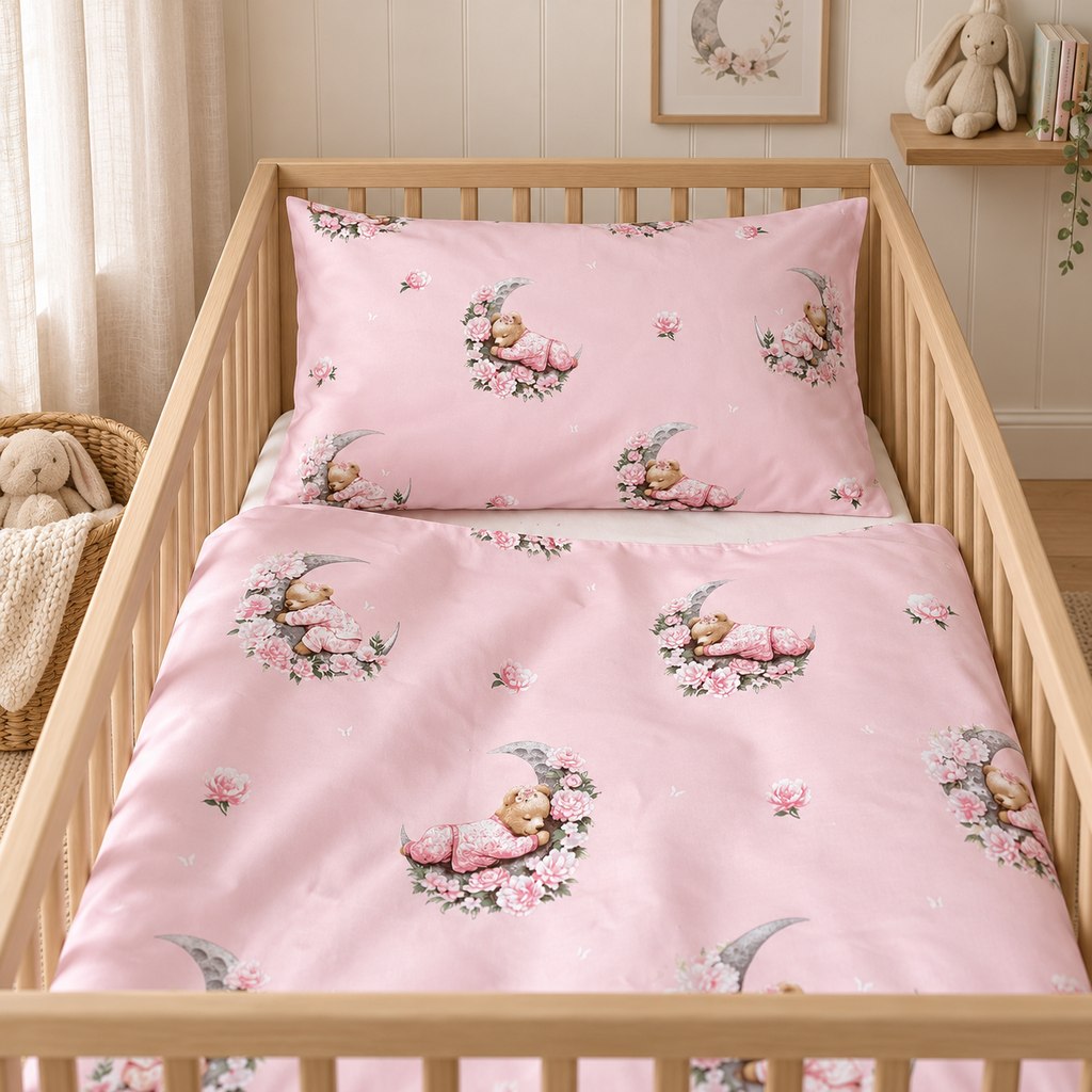 Pink teddy bear cot duvet cover folded back to show the matching moon and floral print on both sides.