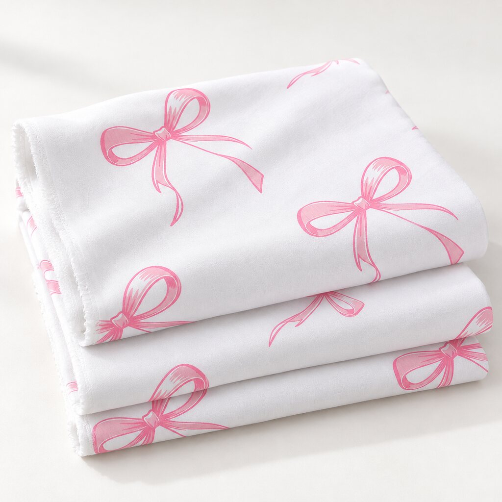 Pink bow 100% cotton fabric by the metre