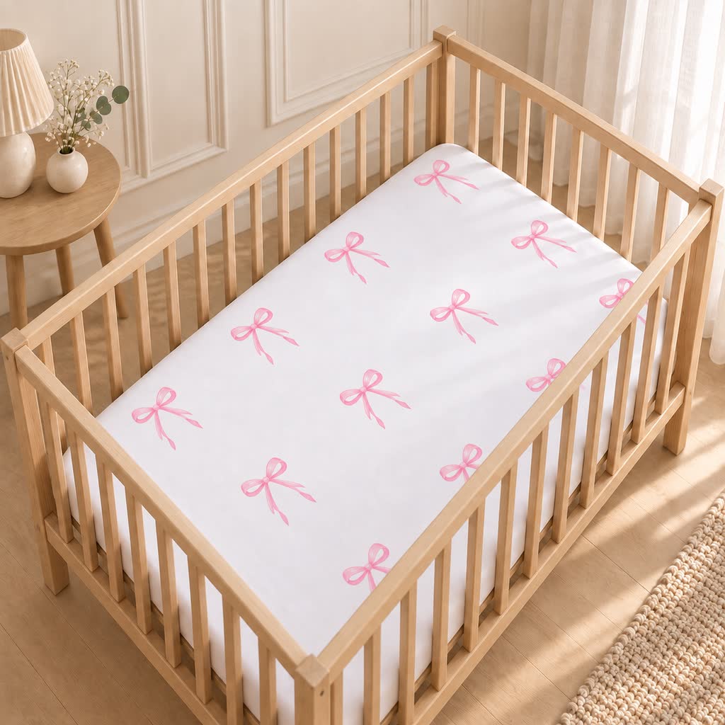 Pink bow baby cot fitted sheet handmade in the UK from 100% OEKO-TEX cotton. Fabricco Baby Shop